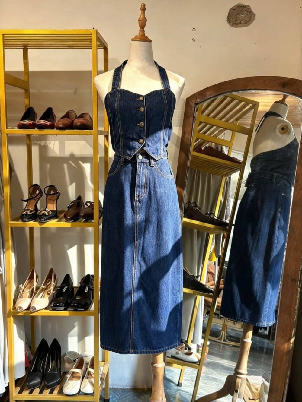 Denim Halter Midi Dress Button Front Tie Waist Sleeveless Casual Dress